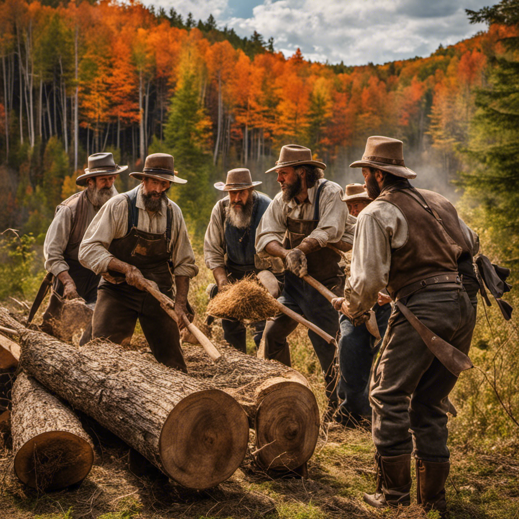 An image showcasing the birth of New England Wood Pellet: A group of determined pioneers, clad in rugged attire, chopping trees in unison against a backdrop of the vast New England forest