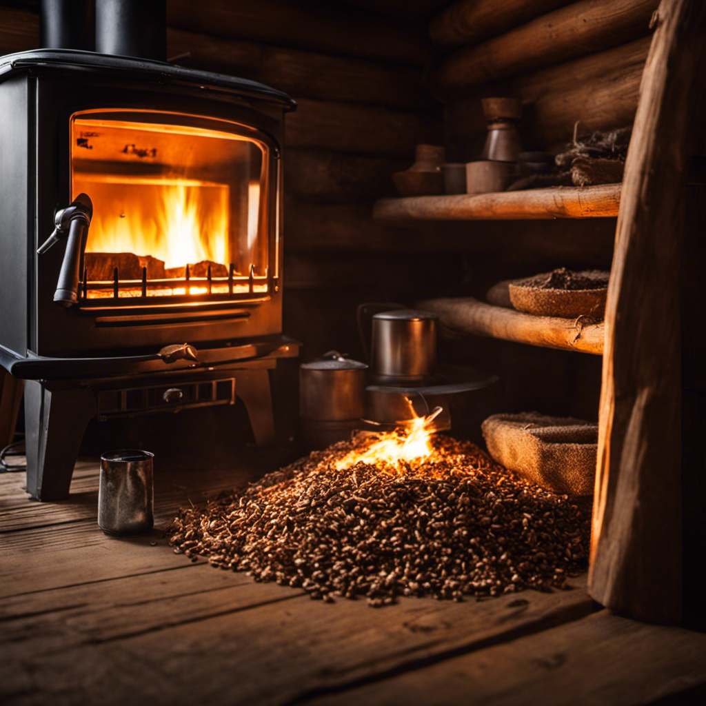 An image showcasing the hands of a rugged, middle-aged homeowner, skillfully installing a wood pellet stove in a cozy cabin