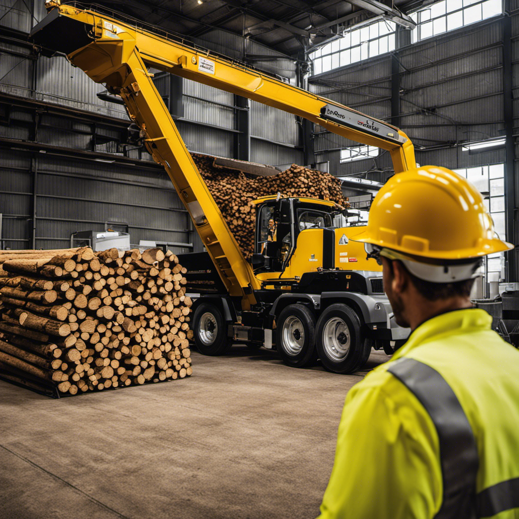 An image showcasing the bustling Varn Wood Products pellet plant, with trucks unloading logs, technicians operating machinery, and workers in yellow safety gear inspecting the high-tech equipment
