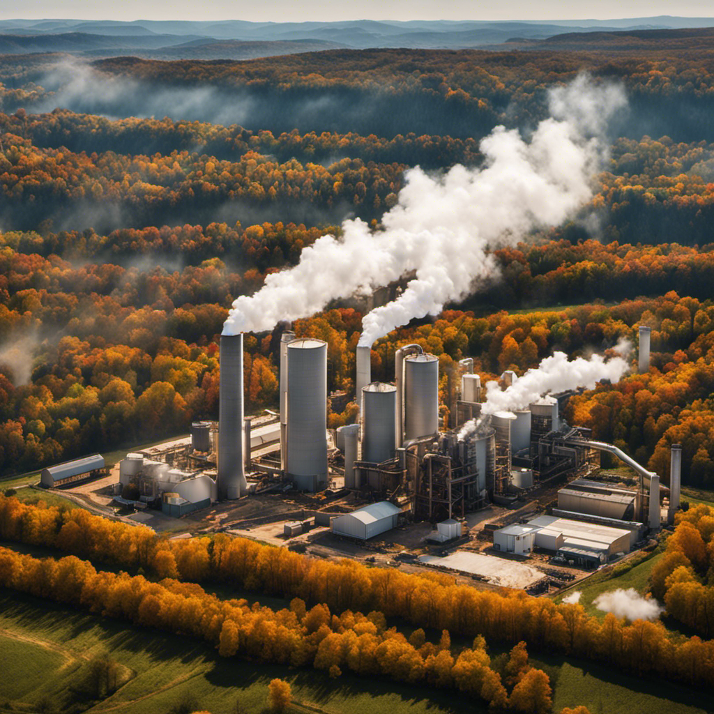 An image showcasing a vast factory complex, surrounded by lush forests, emitting billowing clouds of steam and adorned with towering silos