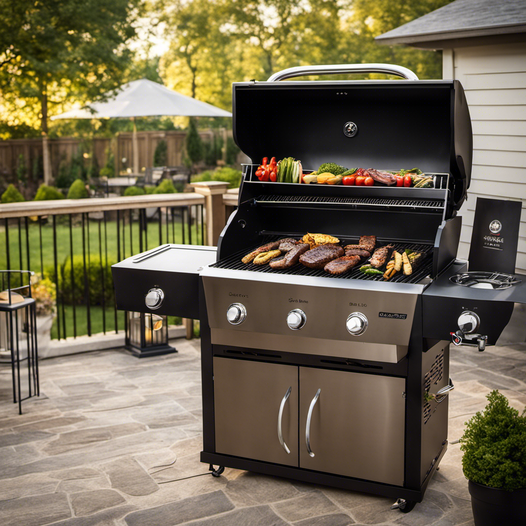 An image showcasing a backyard cookout scene with a stunning wood pellet grill as the focal point