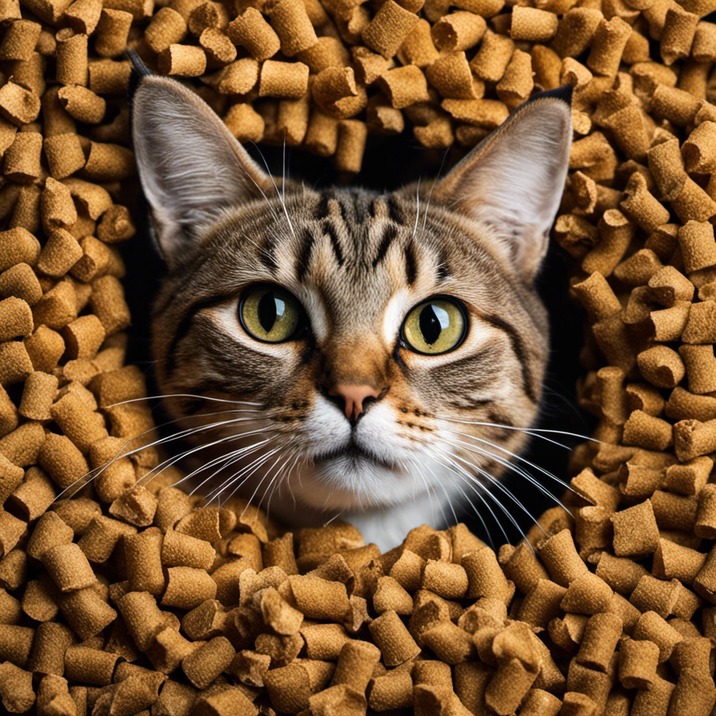 An image depicting a curious cat surrounded by wood pellet cat litter, munching on a small piece of the litter
