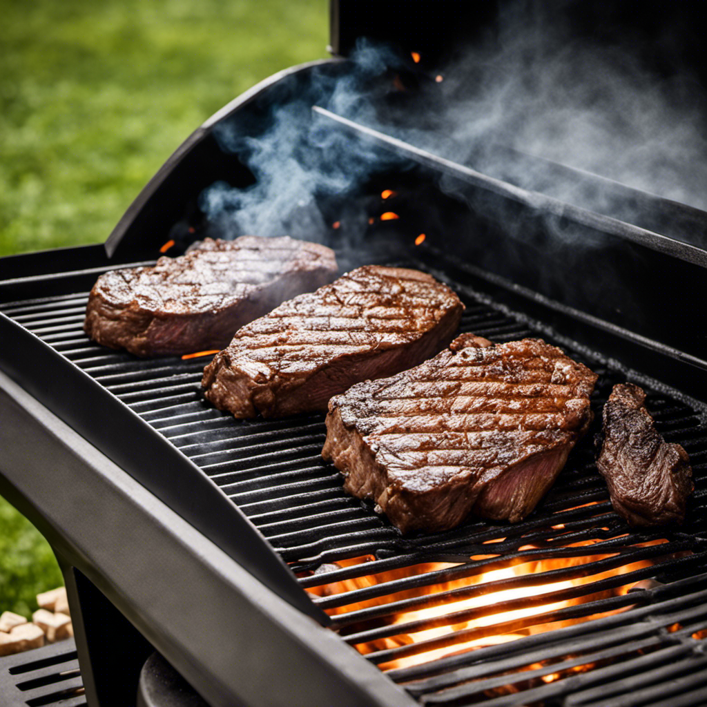 An image showcasing a close-up of a seasoned steak sizzling on a wood pellet grill, with billowing smoke enveloping the juicy meat, perfectly highlighting the step-by-step process of using a wood pellet grill