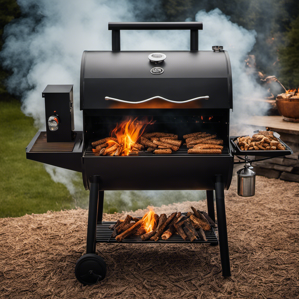 E an image capturing the moment a wood pellet grill ignites, depicting billows of thick gray smoke gracefully spiraling upwards against a backdrop of charred wood chips, as flames dance beneath the smoking surface