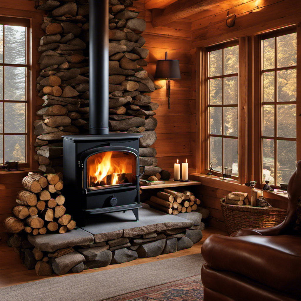 An image showcasing a cozy living room with a rustic wood stove nestled in a stone fireplace