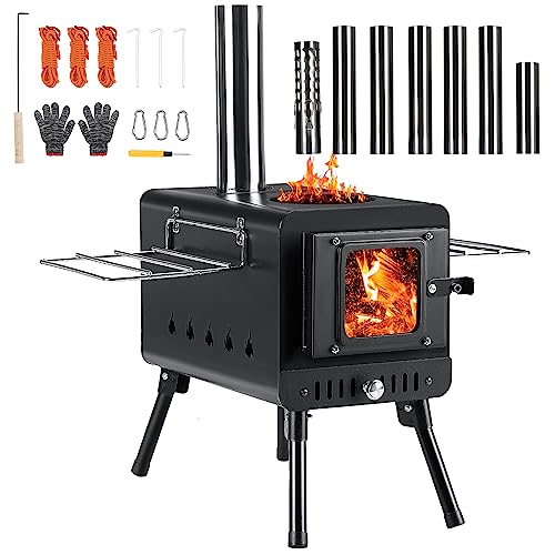 DEERFAMY Tent Stove, Wood Burning Stove with 7 Section Chimney Pipes, Camping Wood Stove Portable for Tent, Hot Tent Stove for Outdoor Heating & Cooking, Ice Fishing, Hunting, Black