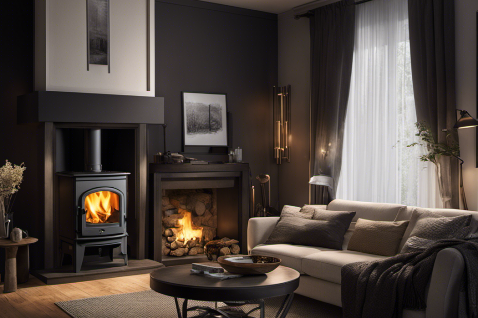 An image depicting a cozy living room with a pellet stove emitting an ominous, colorless gas