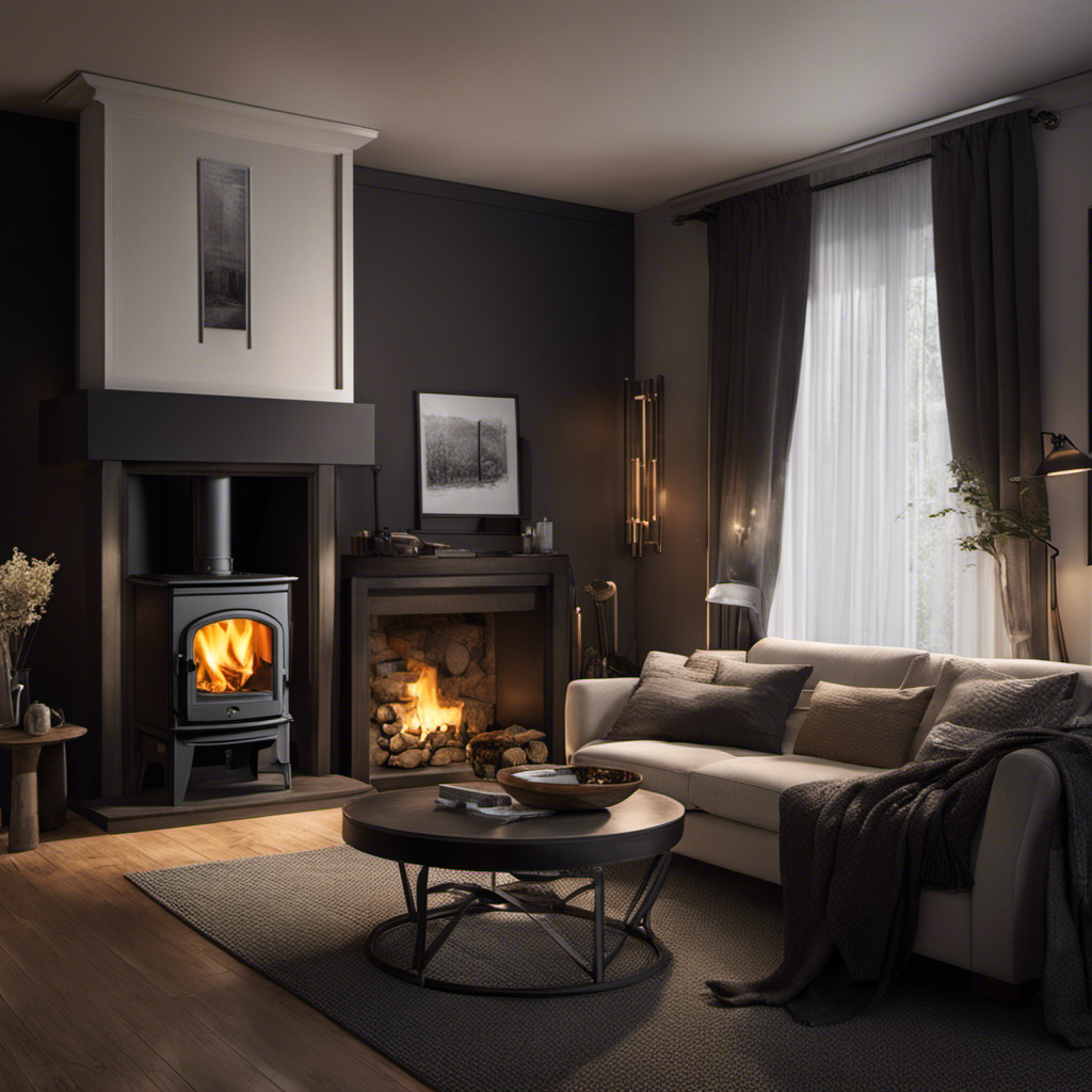An image depicting a cozy living room with a pellet stove emitting an ominous, colorless gas