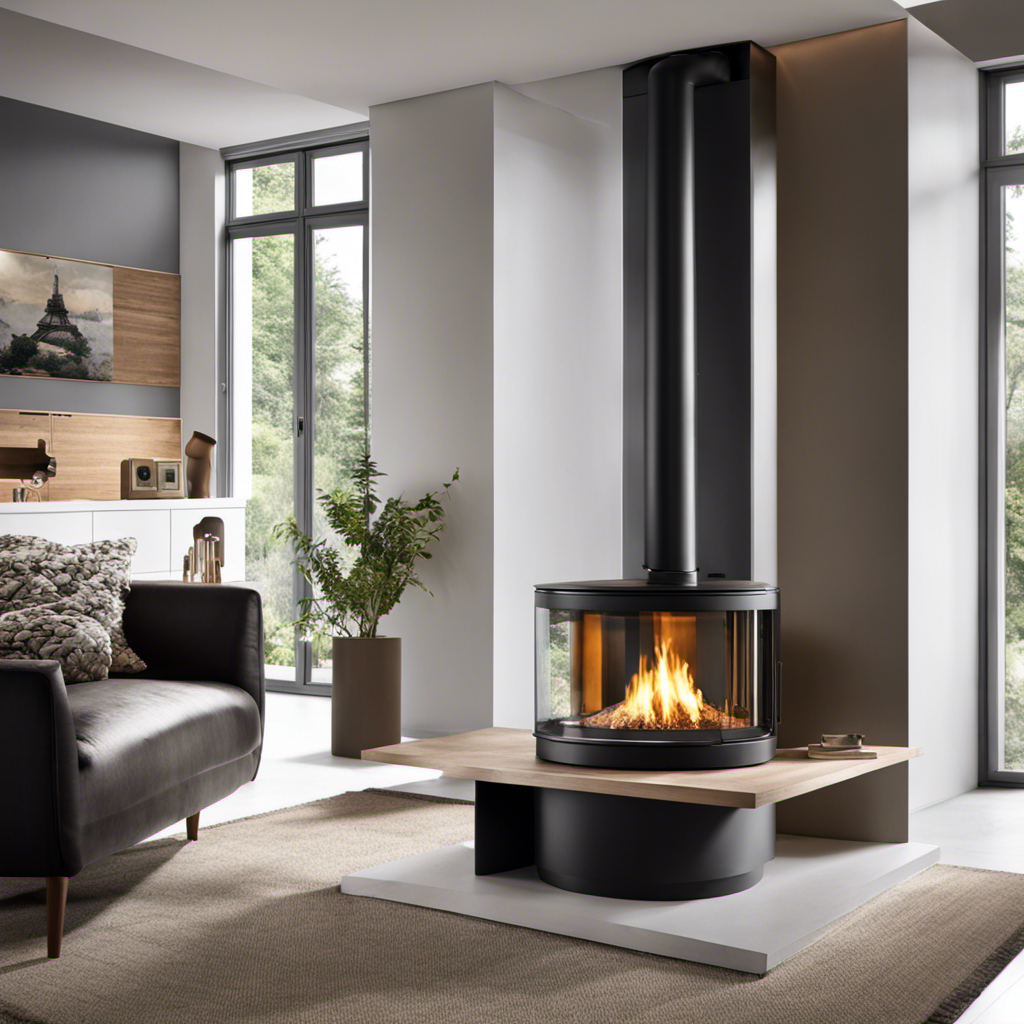 An image showcasing a sleek, modern living room with a cozy biomass pellet stove as the focal point
