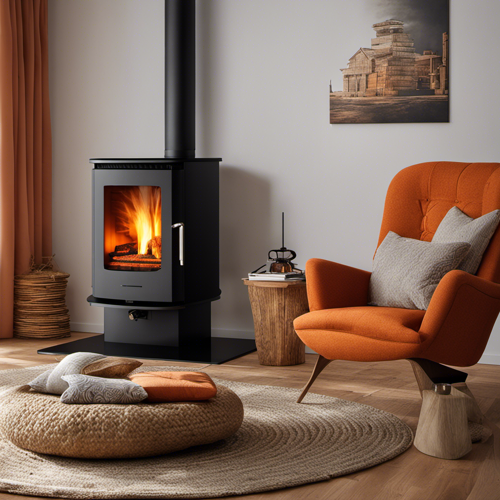 An image showcasing a cozy living room, with a pellet stove burning brightly in the background