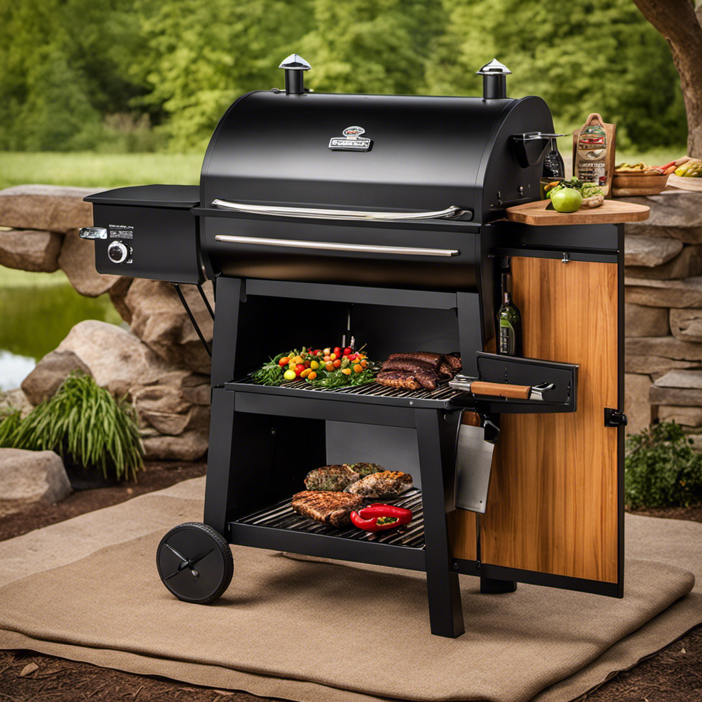 An image showcasing a serene outdoor scene with a Camp Chef Wood Pellet grill prominently displayed, surrounded by a variety of lush ingredients, symbolizing the versatility and convenience of the grill