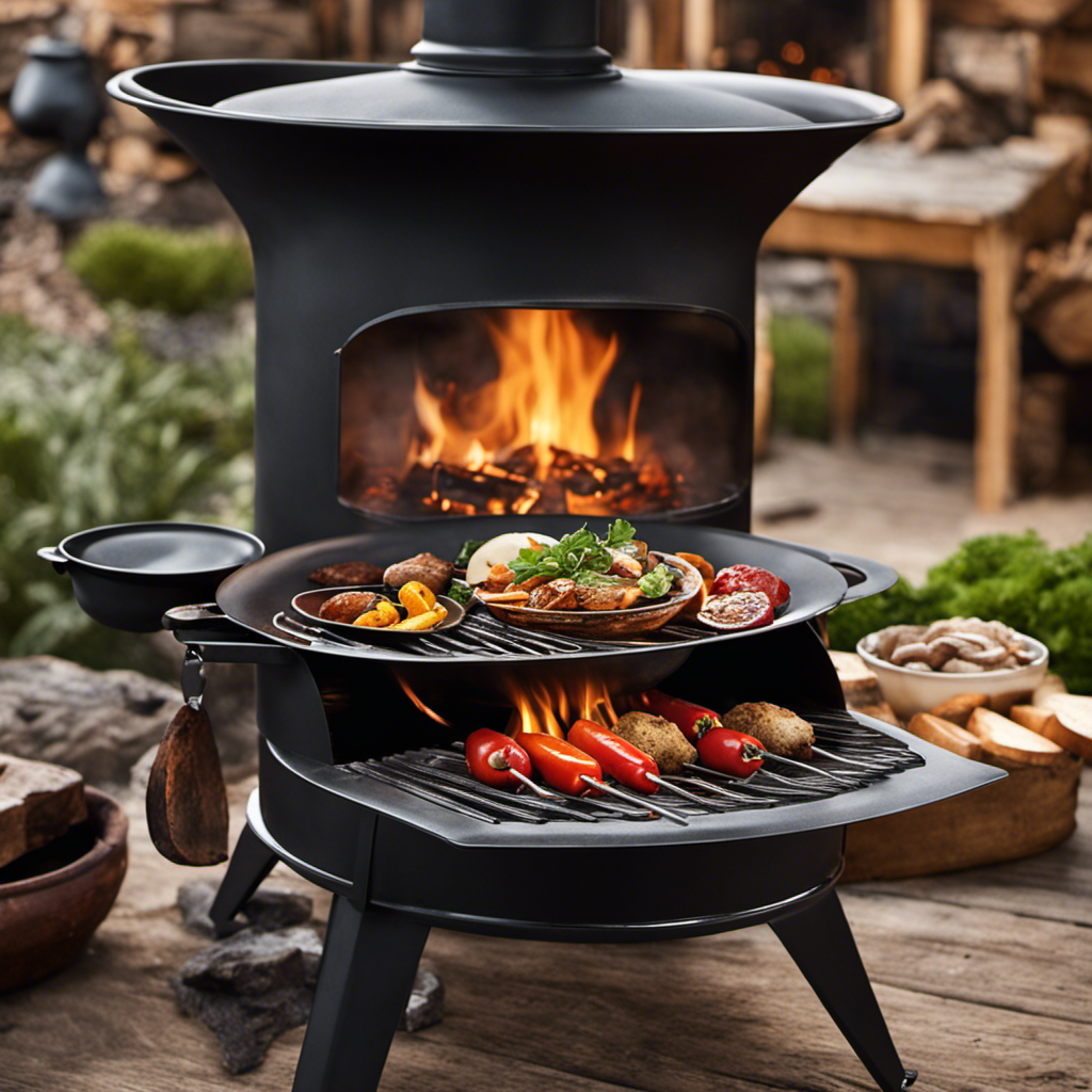 An image showcasing a rustic outdoor wood stove emitting billowing smoke, surrounded by sizzling pans of vibrant ingredients