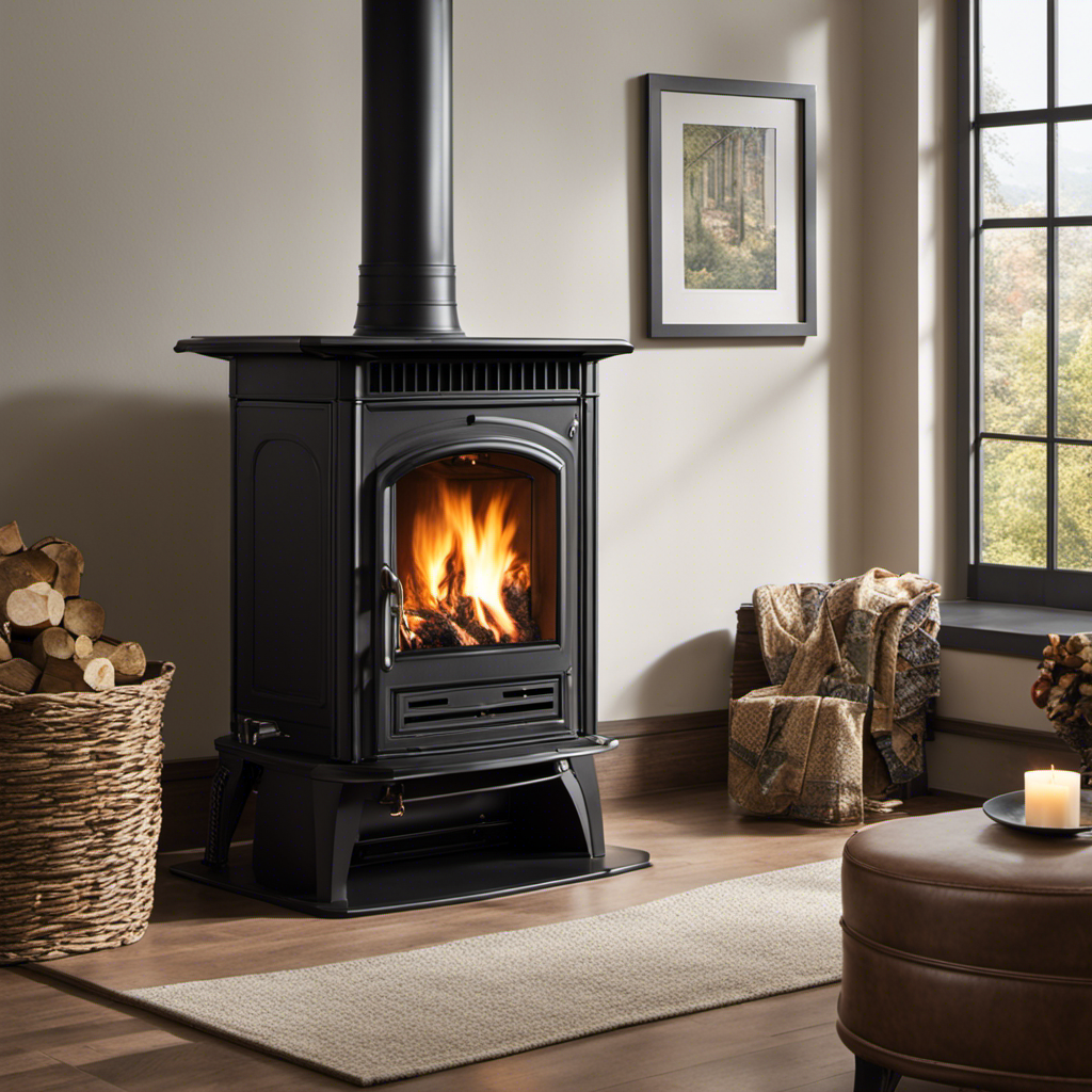 An image showcasing a cozy living room, with a beautiful new pellet stove seamlessly integrated into the space where the old wood stove used to stand