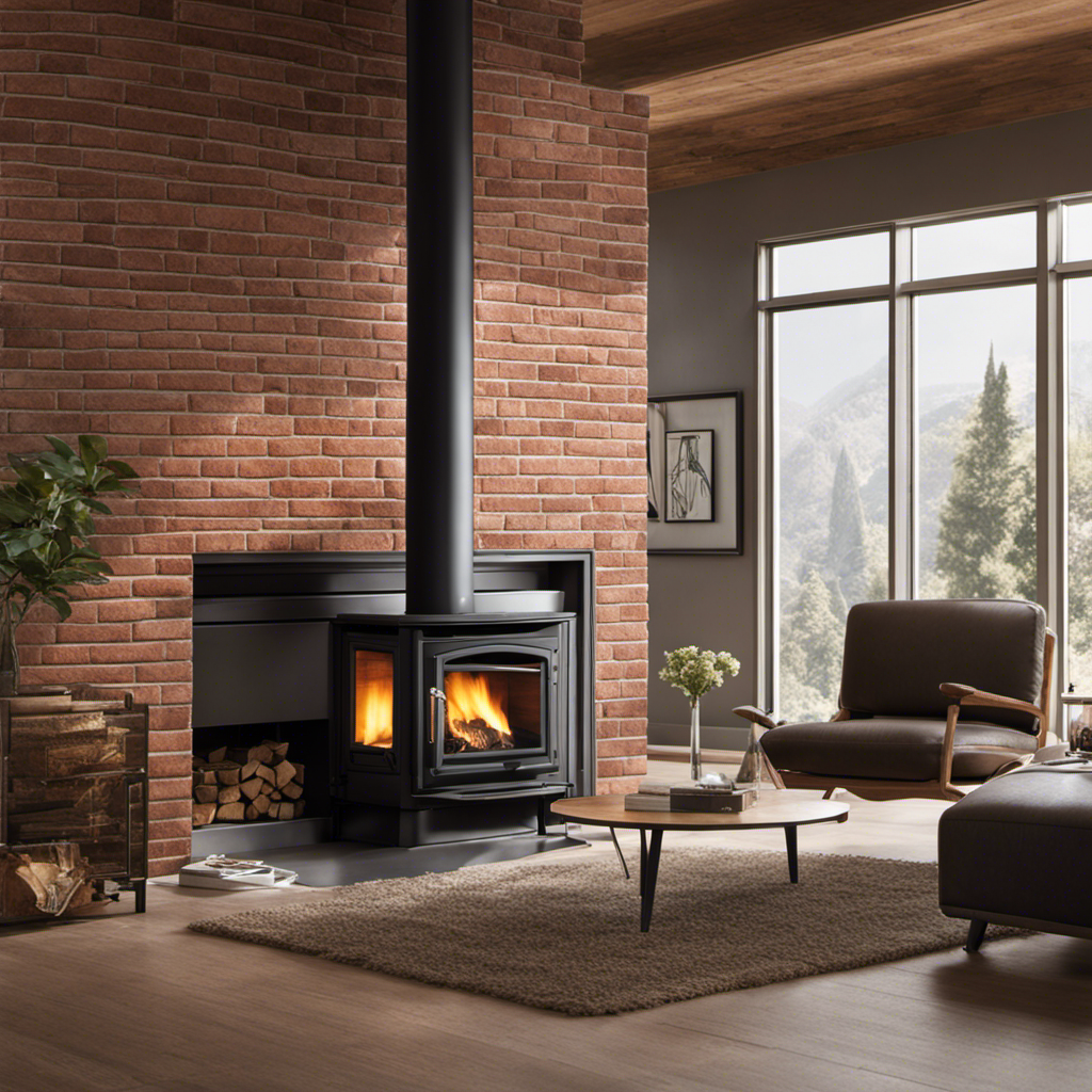 An image capturing a cozy living room setting with a rustic brick fireplace transformed into a sleek pellet stove installation