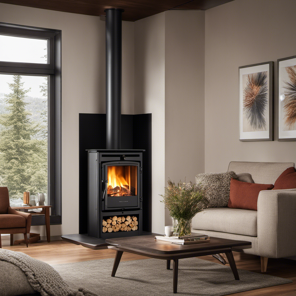 An image showcasing a cozy living room with a modern pellet stove as its focal point