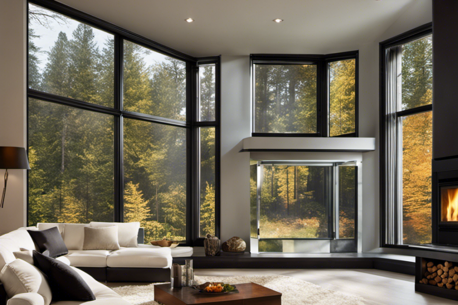An image showcasing a crystal-clear glass window on a pellet stove, reflecting a pristine living room