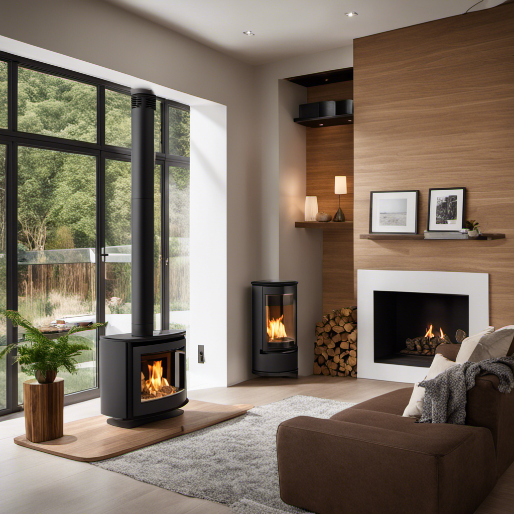 An image showcasing the cozy ambiance of a living room, with a modern, sleek pellet stove as the centerpiece