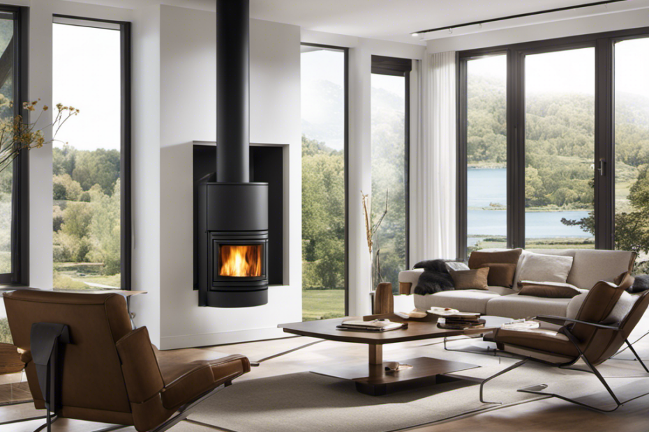 an inviting living room with a pellet stove as its centerpiece, surrounded by sleek, modern ventilation options