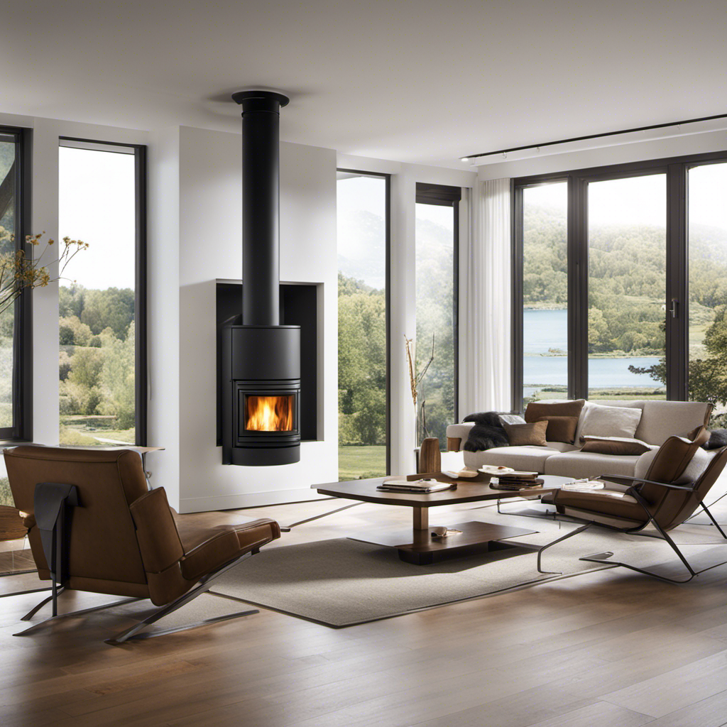 an inviting living room with a pellet stove as its centerpiece, surrounded by sleek, modern ventilation options