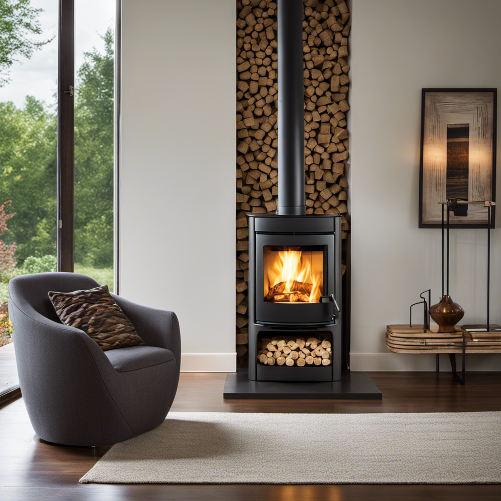 An image showcasing a cozy living room with a modern, sleek pellet stove as the focal point