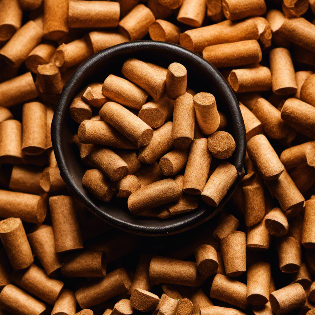 An image showcasing a close-up of high-quality wood pellets, perfectly cylindrical, with a visible grain pattern