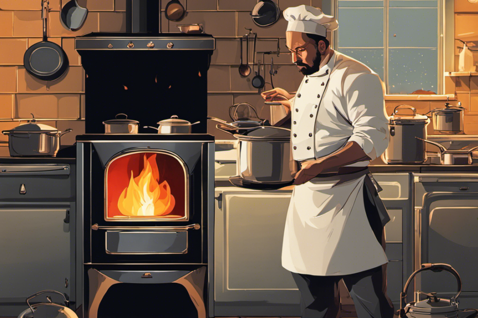 An image showcasing a frustrated chef standing next to a pellet stove in a dimly lit kitchen