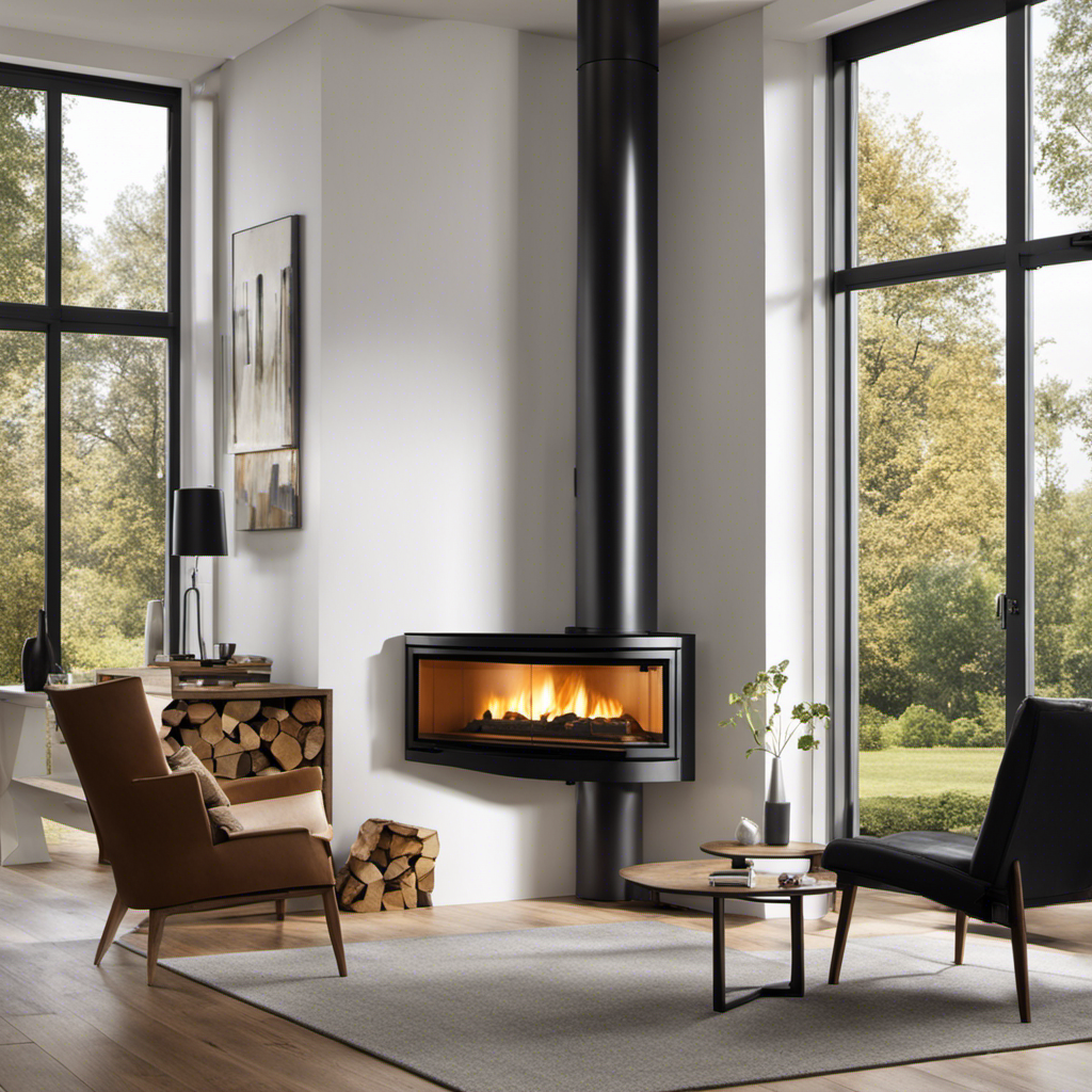 An image showcasing a modern living room with a sleek, wall-mounted ducted pellet stove as the focal point