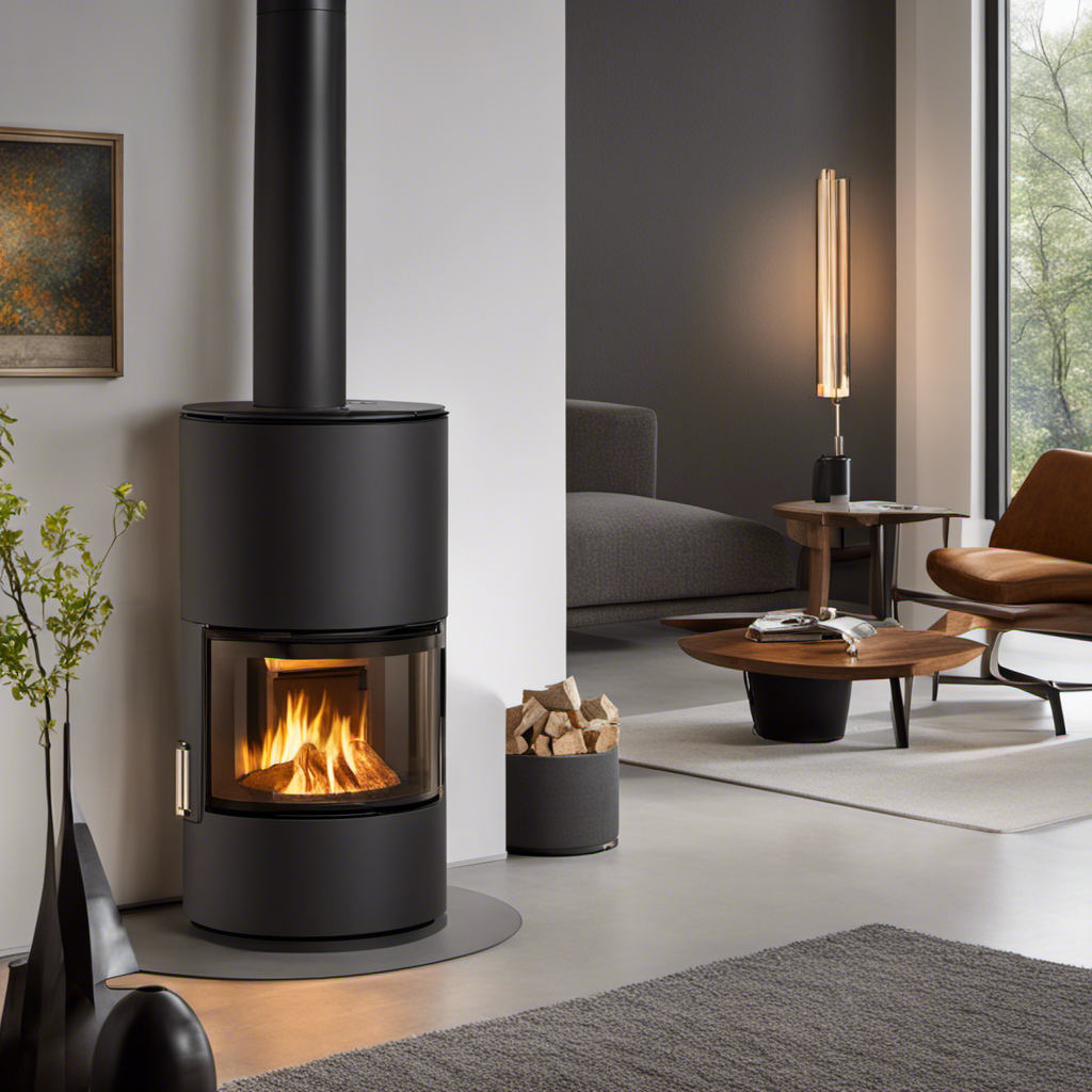 An image that showcases a modern living room with a cozy pellet stove as the focal point