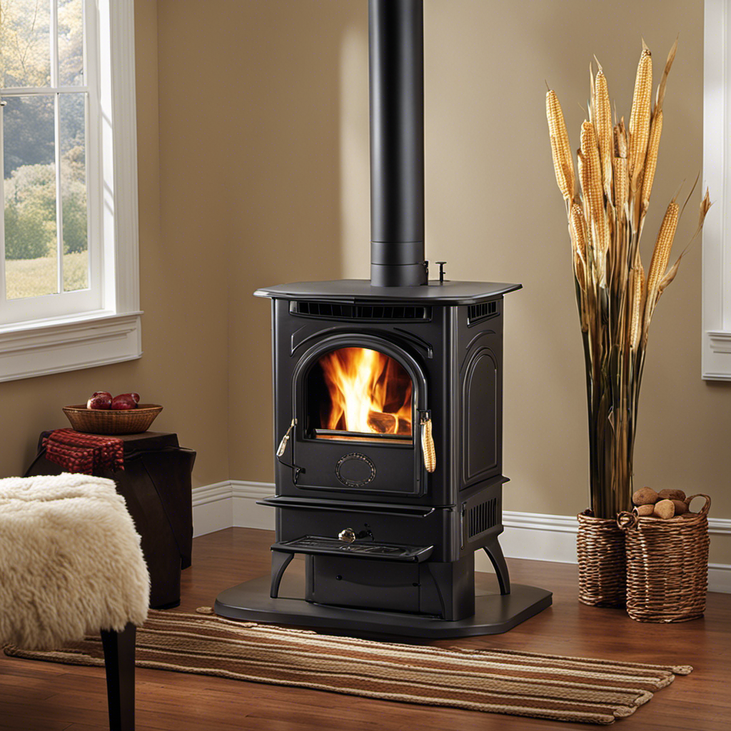 An image featuring a close-up of the Englander 10-Cpm Corn Wood Pellet Stove, showcasing its sleek design and visible temperature controls, evoking a cozy ambiance with its warm glow and flickering flames