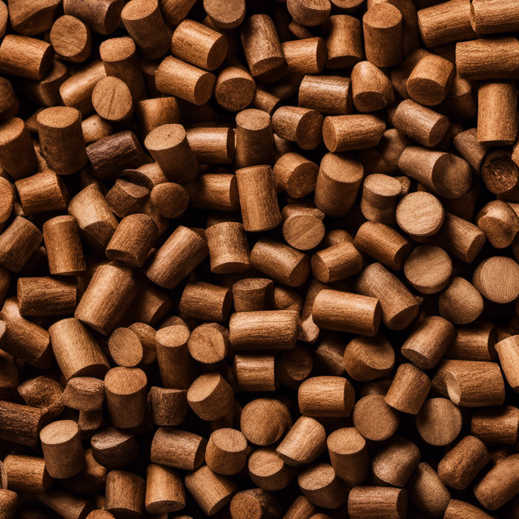 An image showcasing two stacks of pellets side by side: one stack of dense, dark hardwood pellets exuding strength and durability, juxtaposed with a stack of light, airy softwood pellets radiating natural warmth and efficiency