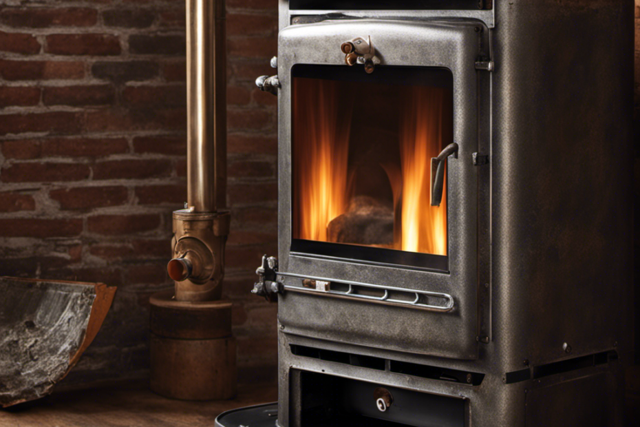 An image showcasing a close-up view of a pellet stove installed with galvanized pipe