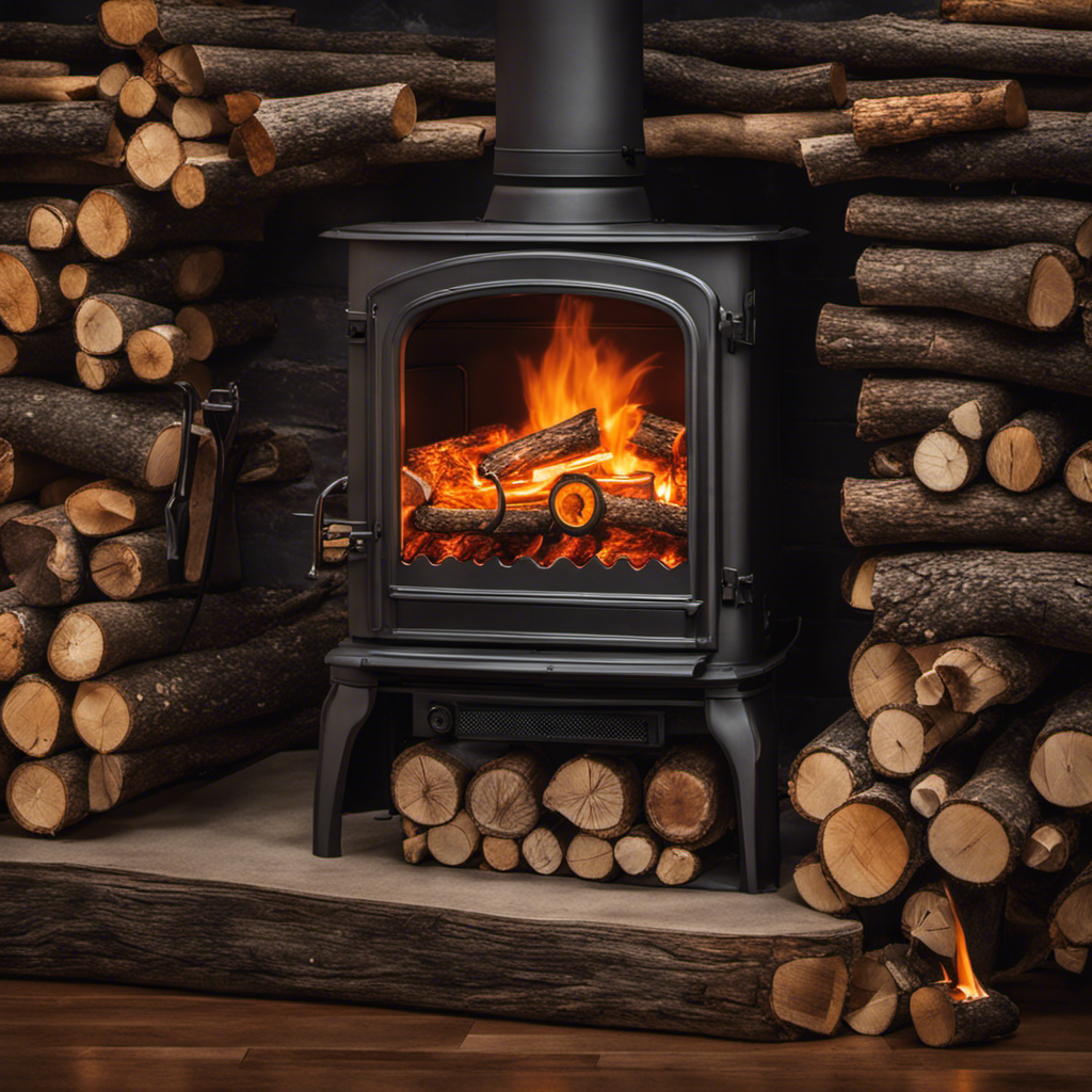 An image showcasing a close-up of hands skillfully arranging logs inside a Hearthstone wood stove, with flames dancing brightly against the dark interior, illustrating the step-by-step process of using the stove effectively