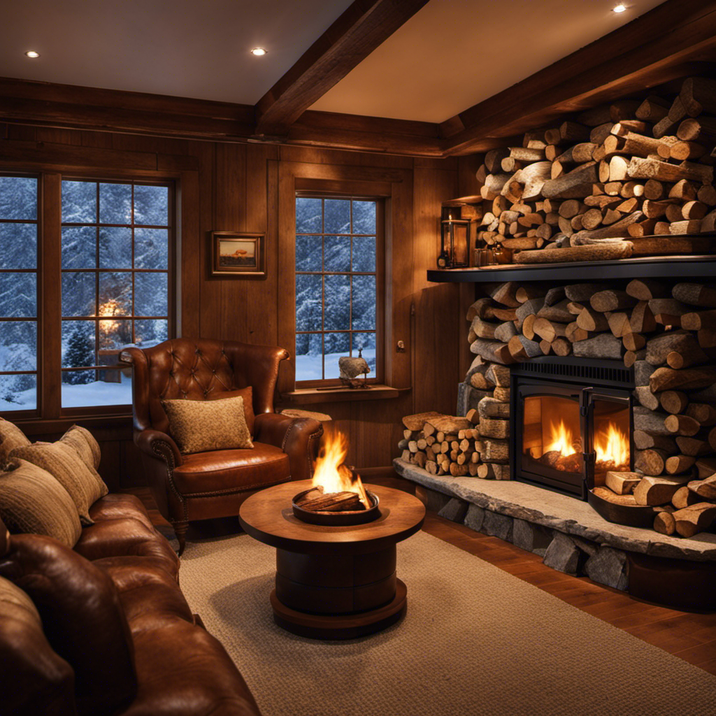An image showcasing a cozy living room, bathed in warm, flickering light emanating from a crackling wood stove