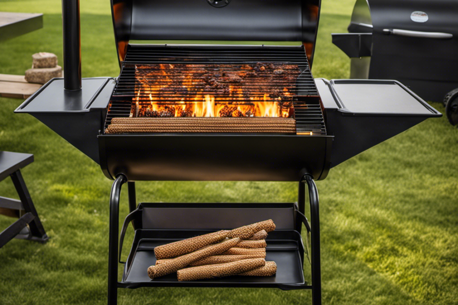 An image showcasing the inner workings of a wood pellet grill: a hopper filled with wood pellets, an auger transporting them to the firepot, flames igniting, smoke billowing, and food grilling on the grates