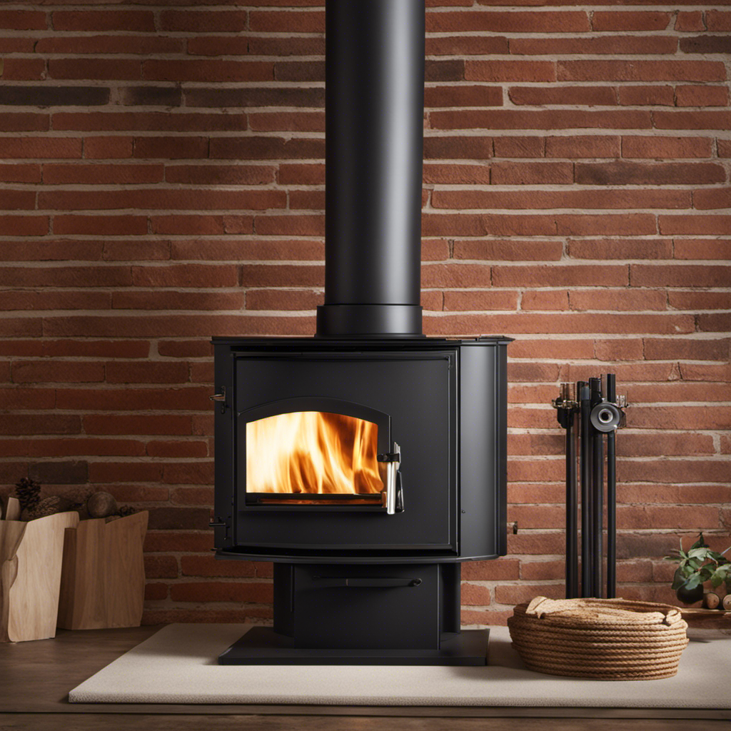 An image showcasing a cross-section of a wood stove integrated seamlessly with a brick chimney, illustrating the intricate connection between the stove's flue pipe and the chimney liner