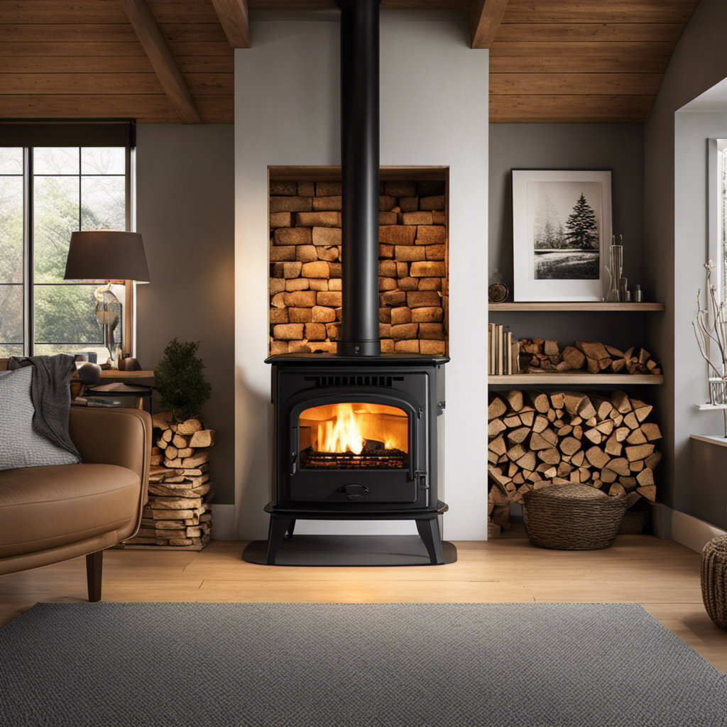 An image showcasing a cozy living room with a wood pellet stove as the focal point