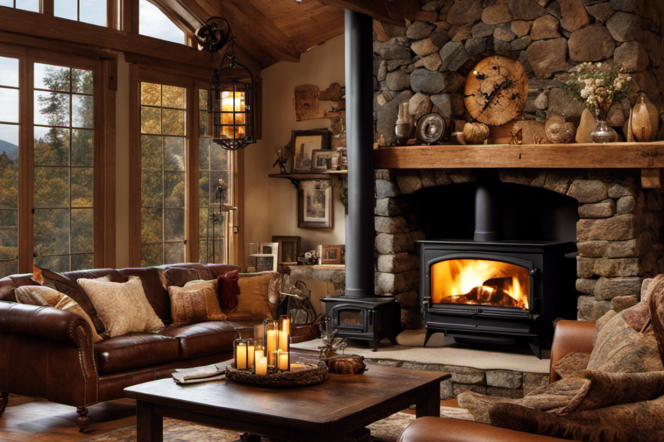 An image showcasing a cozy living room with a large, carefully selected wood stove as the focal point