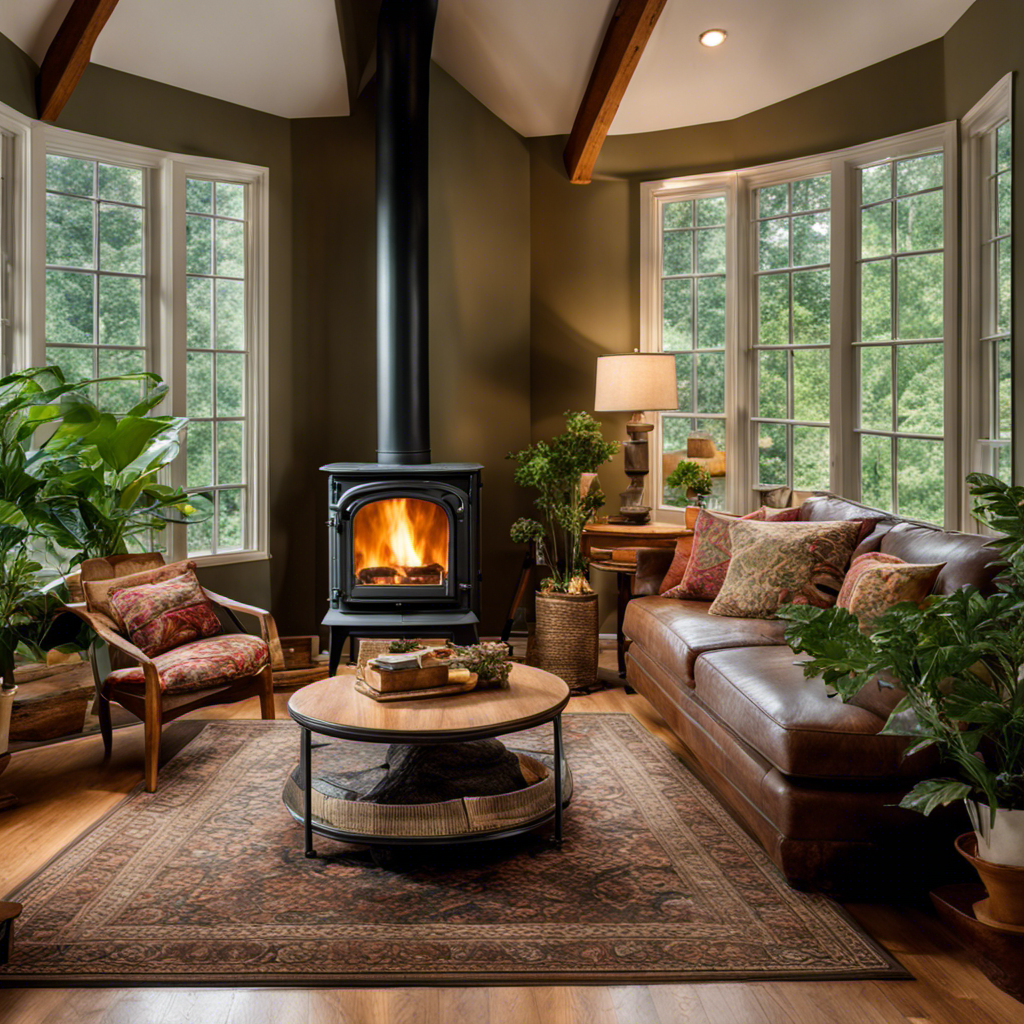 An image showcasing a cozy living room with a roaring wood stove as the focal point