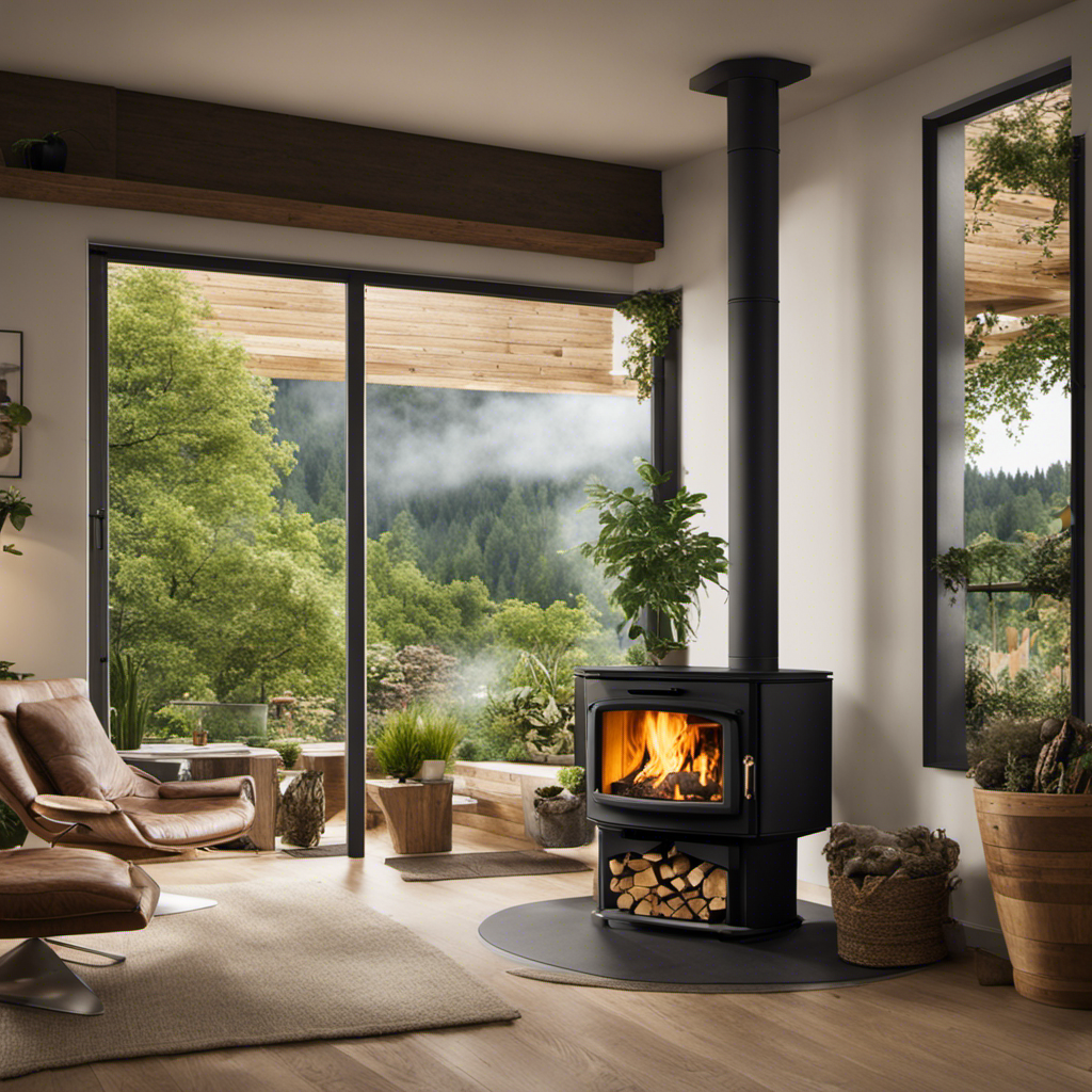 An image showcasing a cozy living room with a modern, eco-friendly wood stove as its focal point