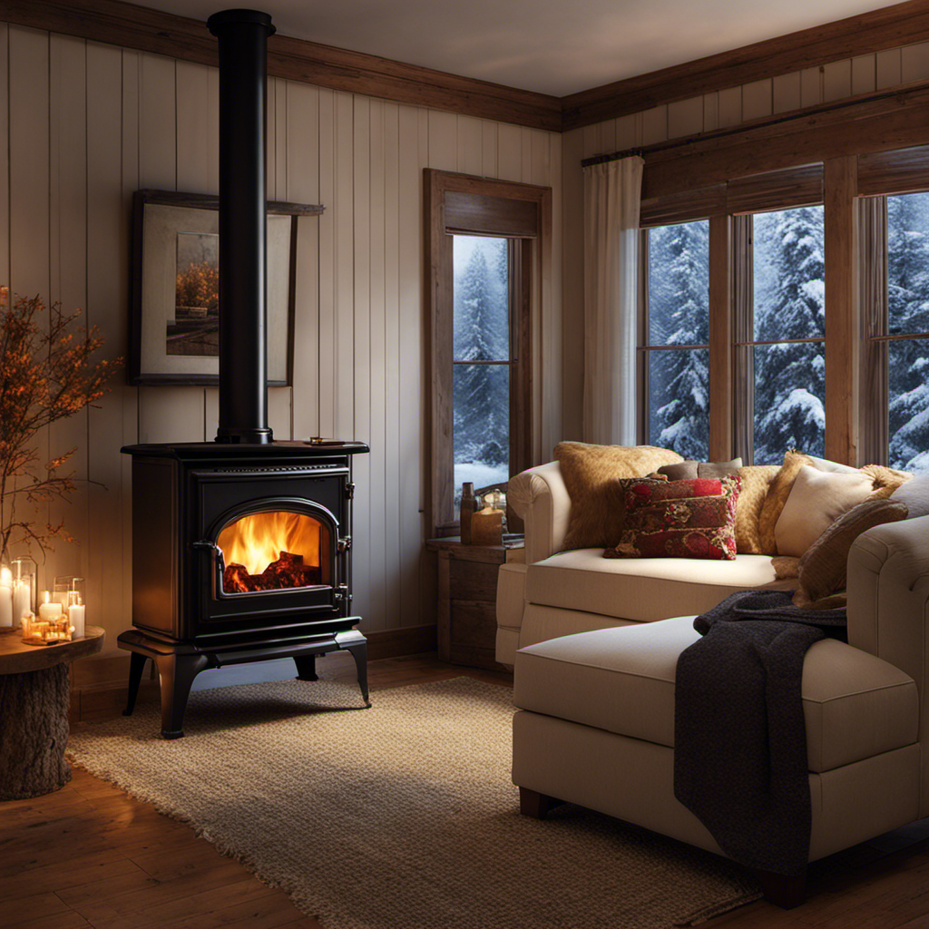 An image that depicts a cozy living room with a well-maintained wood stove as the focal point