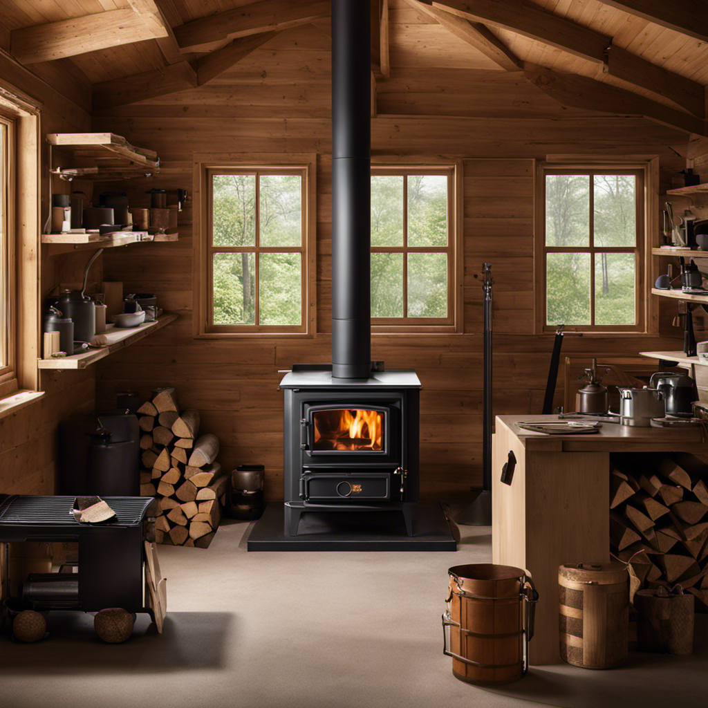 An image showcasing a workshop environment with a wood stove being tested for EPA certification