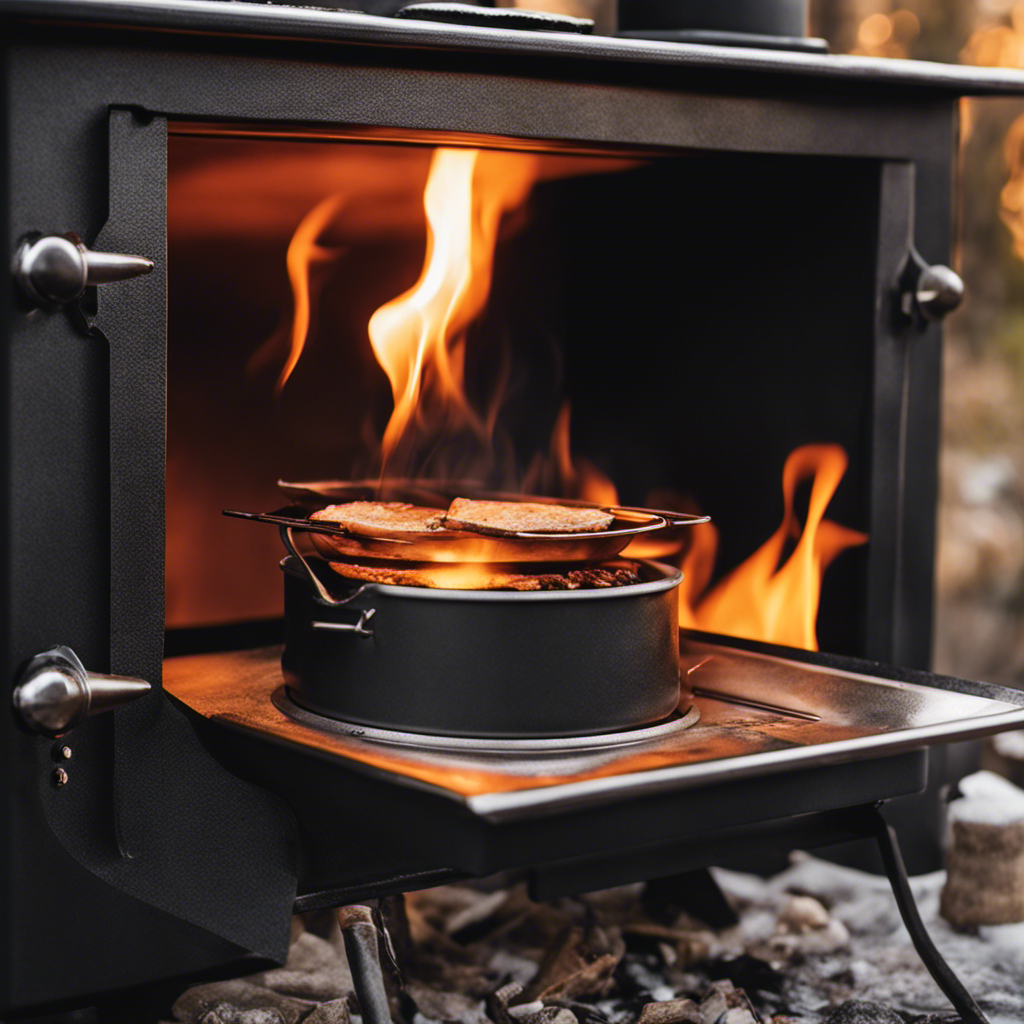 An image showcasing a close-up of a hand adjusting the air vent on an outdoor wood stove, with the flames roaring inside and a pot of simmering food on top, symbolizing effective temperature control for cooking