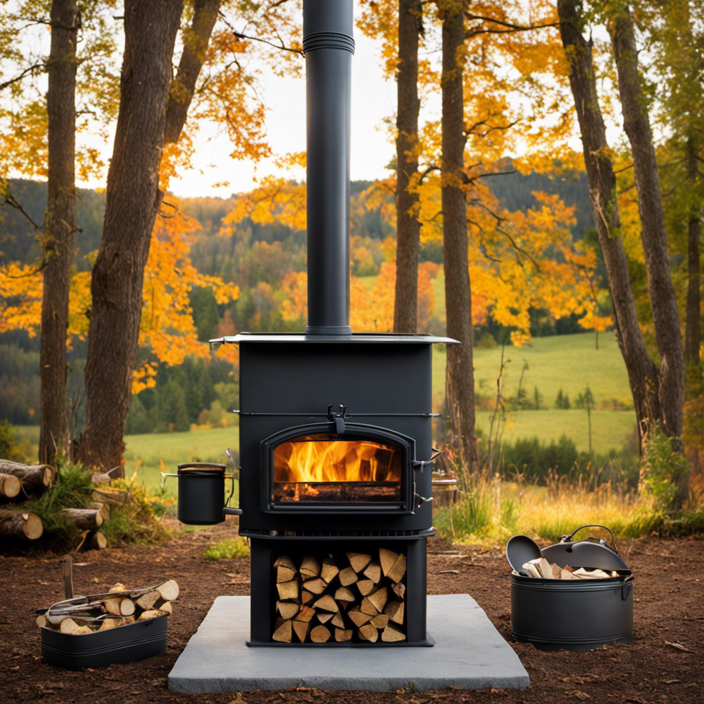 An image showcasing a well-maintained outdoor wood stove nestled in a serene natural setting