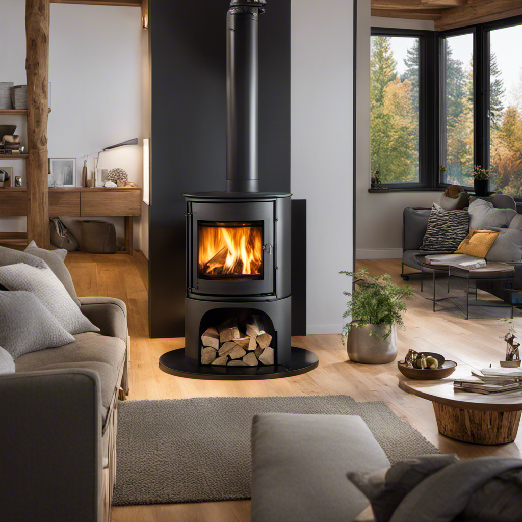 An image showcasing a skilled individual wearing safety gear, effortlessly installing an eco-friendly wood stove in a cozy living room