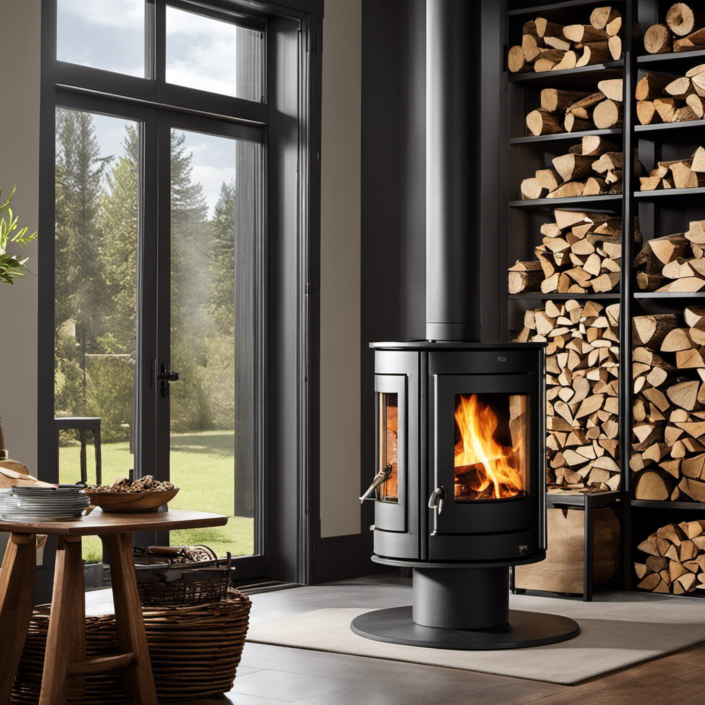 An image depicting a well-maintained wood-burning stove with clean glass doors, precisely stacked firewood, and smoke rising from its chimney, surrounded by a neatly organized space, showcasing the efficiency of long-term usage