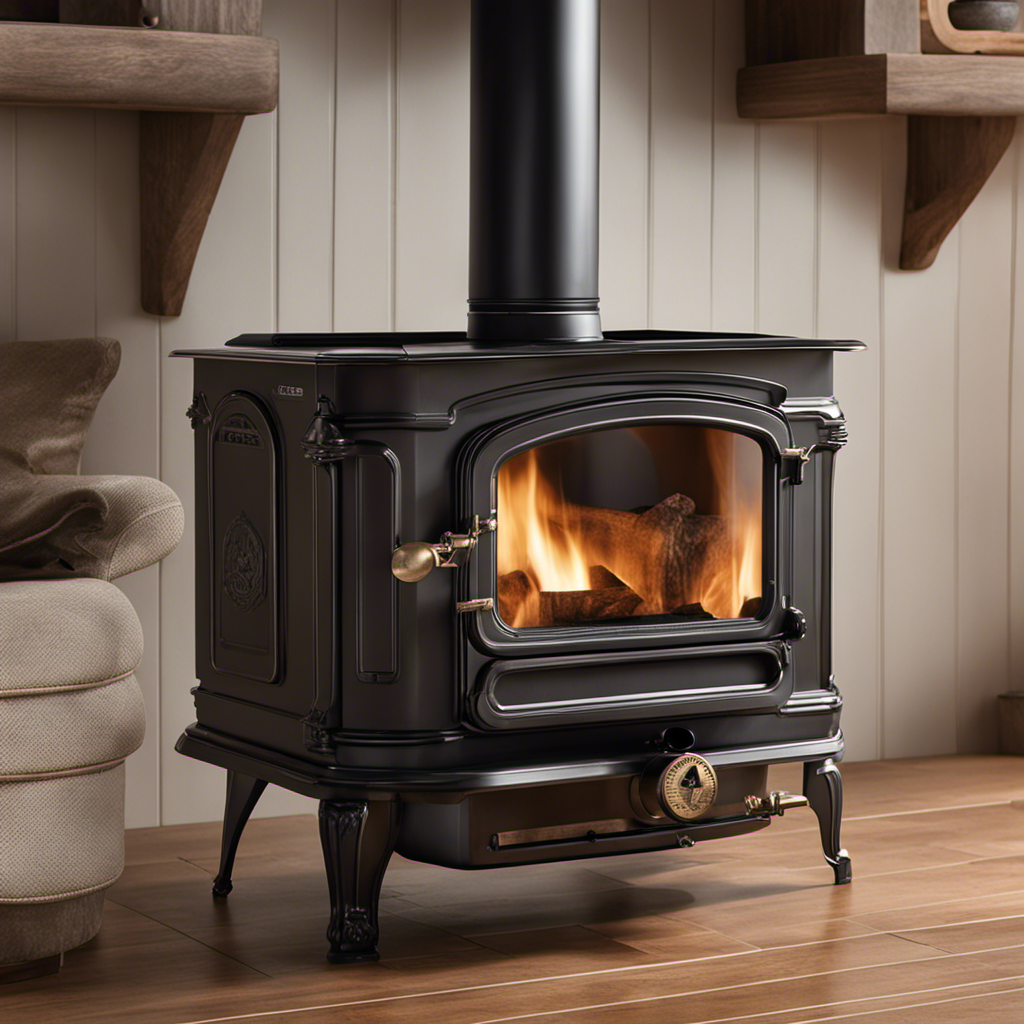 An image featuring a close-up view of a wood stove, showcasing a prominent label with clear certification markings