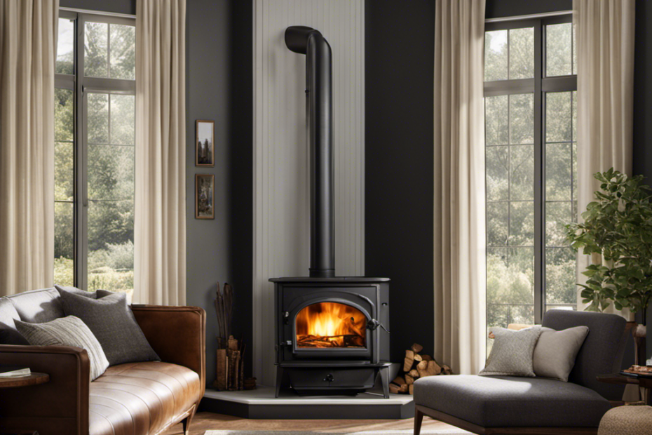 An image showcasing a cozy living room with a wood stove nestled in a corner, radiating gentle warmth