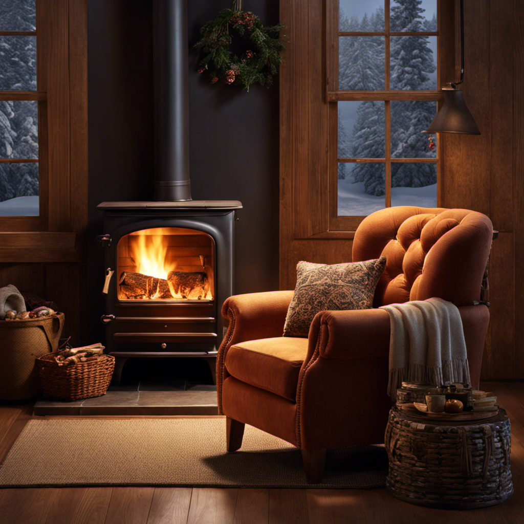 An image capturing the cozy ambiance of a wood stove, showcasing a well-arranged living room where a plush armchair sits just a foot away, its soft fabric contrasting beautifully with the warm glow and crackling flames