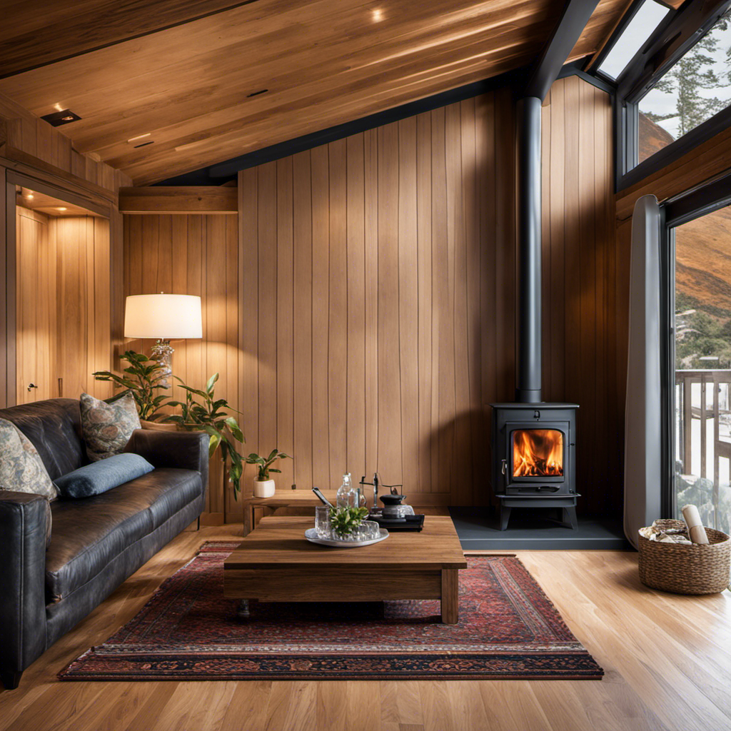 An image that depicts a cozy living room with a wood stove positioned against a wall made of wooden panels