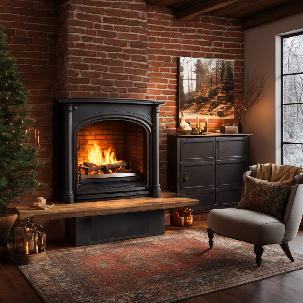 An image showcasing a cozy living room adorned with a charming wood stove nestled intimately close to a rustic brick wall